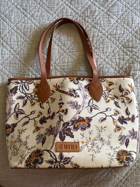 Myra Bag Floral Canvas Tote in Cream, Brown, Purple and Yellow